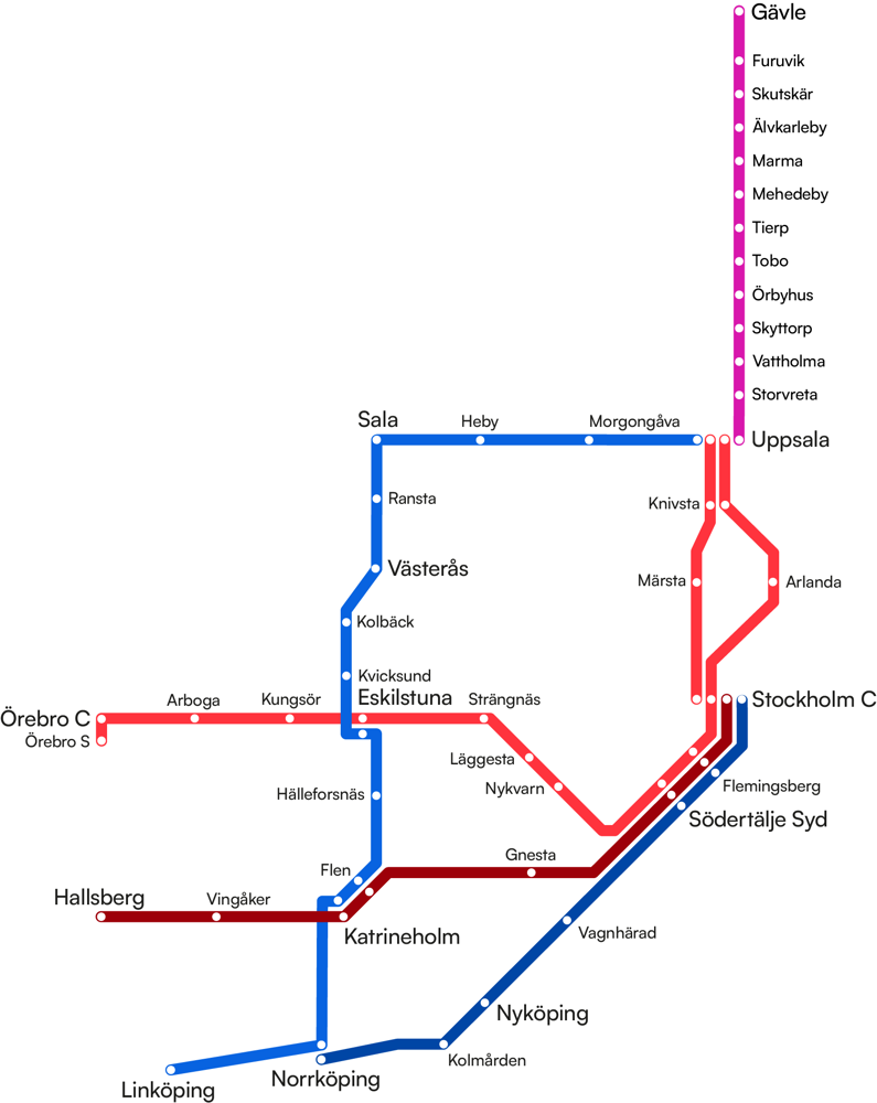Linjekarta över Mälartågs fem linjer